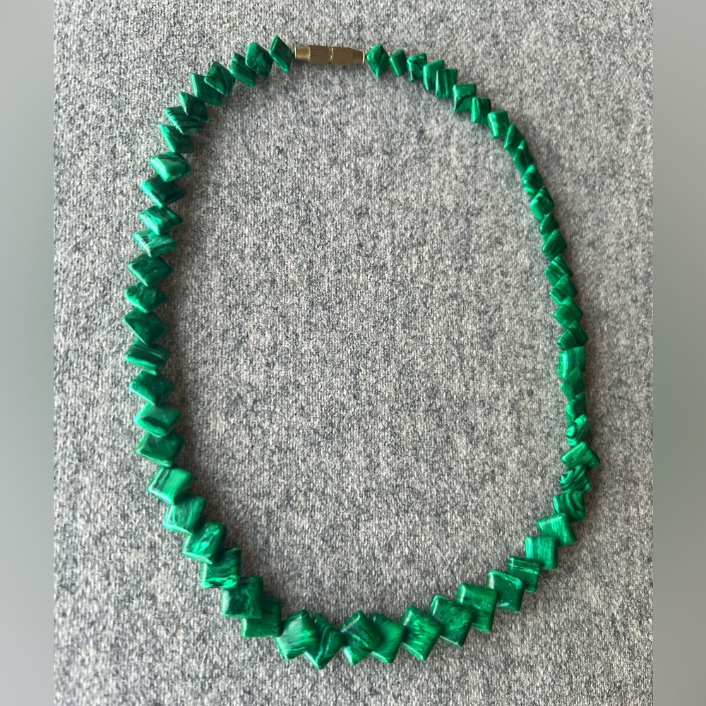 Green Malachite Necklace – Square Beads, Semi‑Precious Stone, 17", Modern Style
